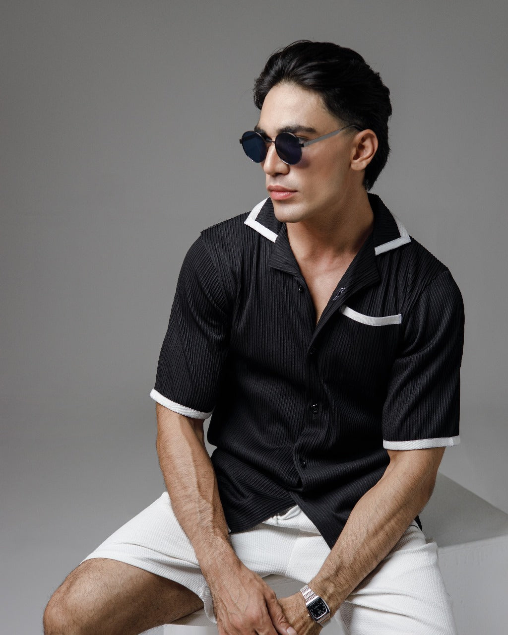 Black pleated cuban shirt