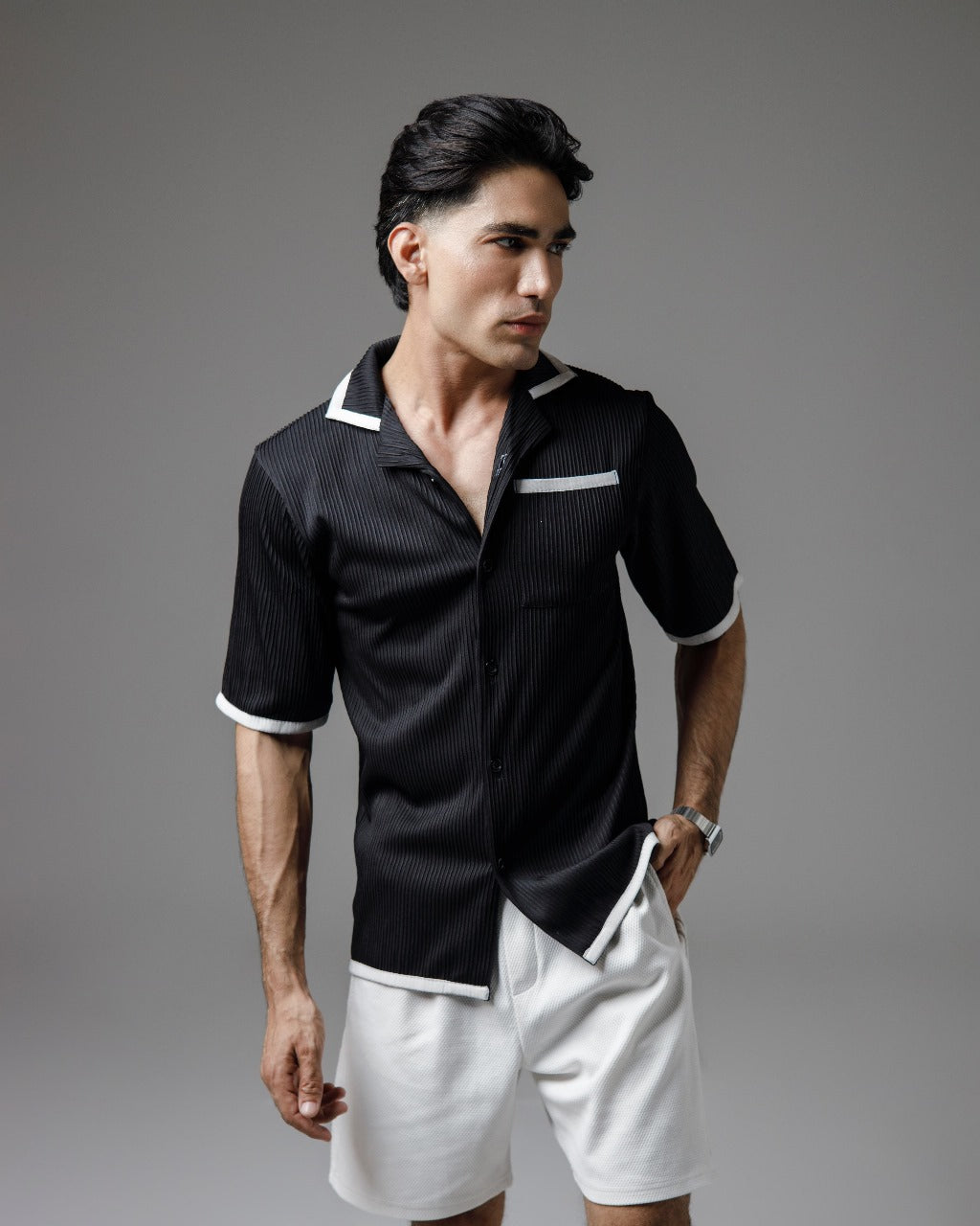 Black pleated cuban shirt