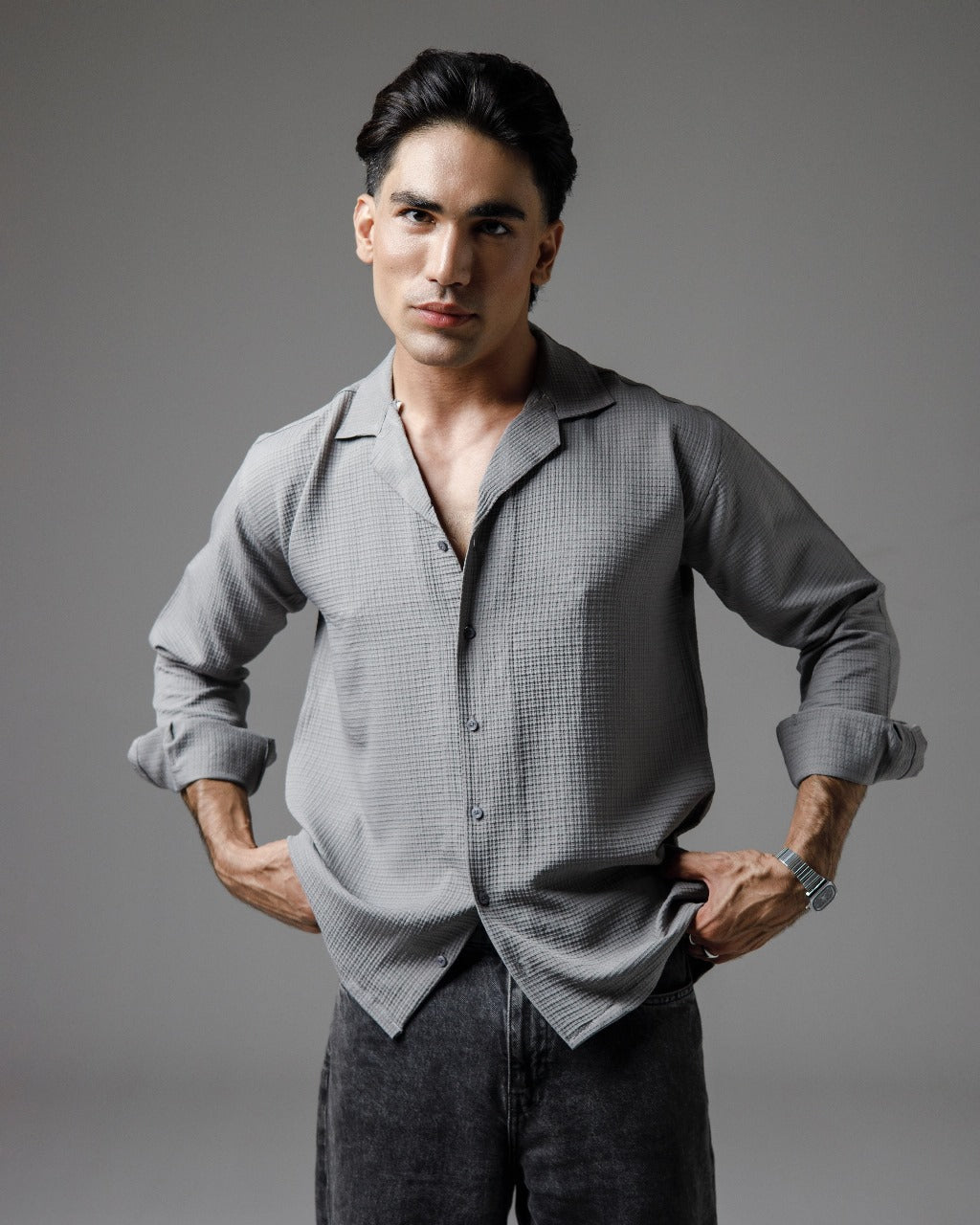 Grey textured cuban shirt
