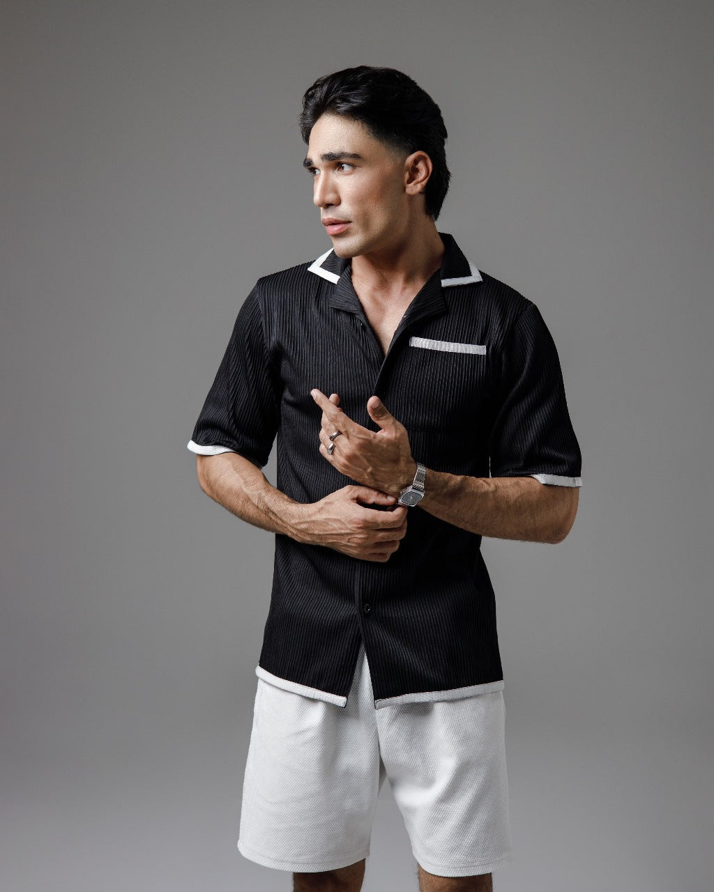 Black pleated cuban shirt