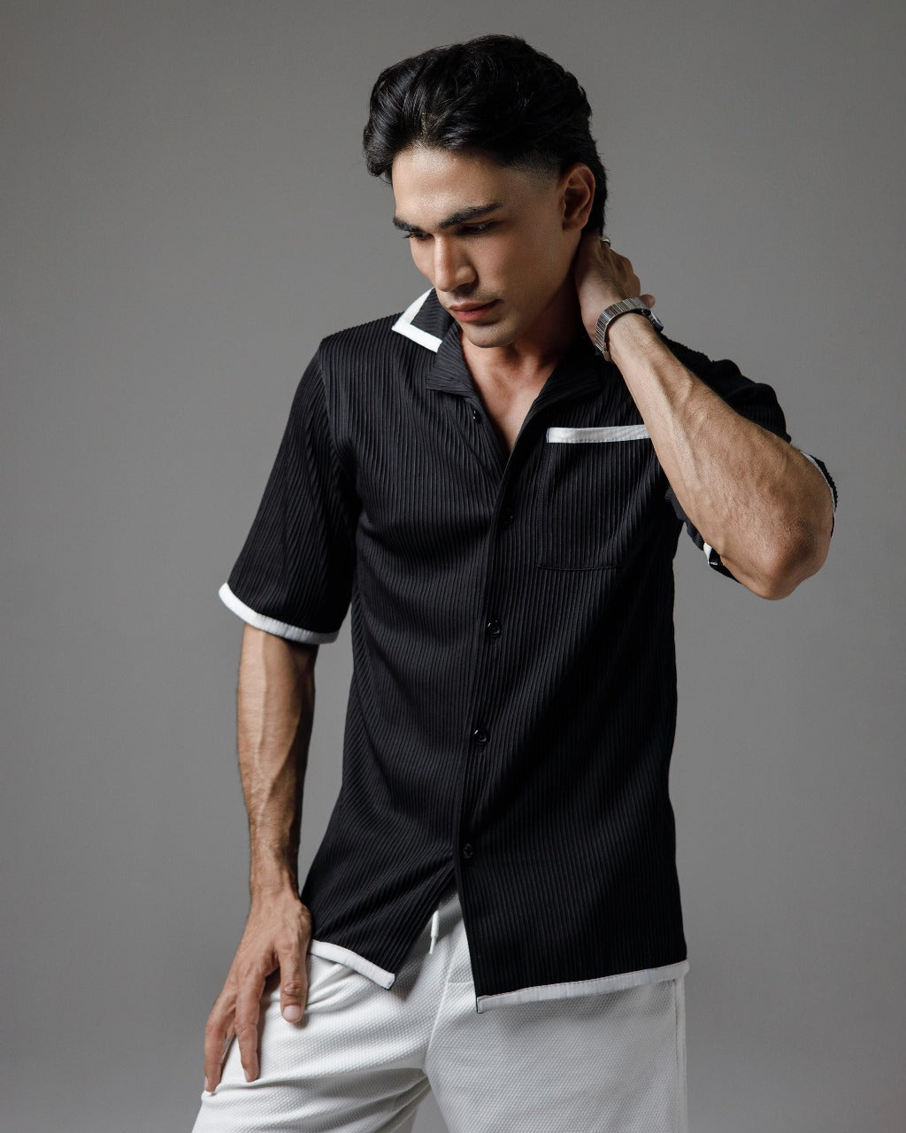 Black pleated cuban shirt