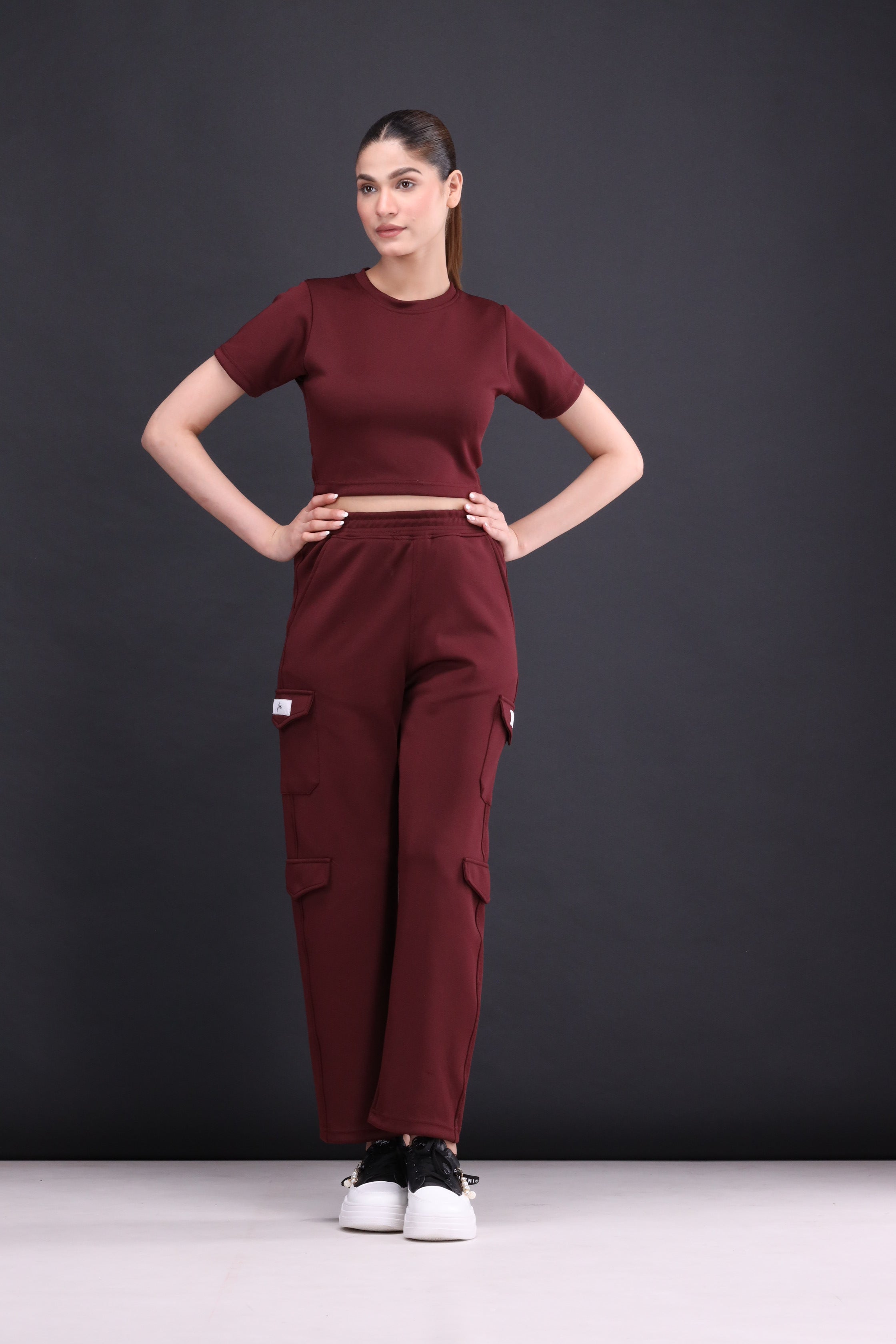 Maroon crop tee and cargo pants