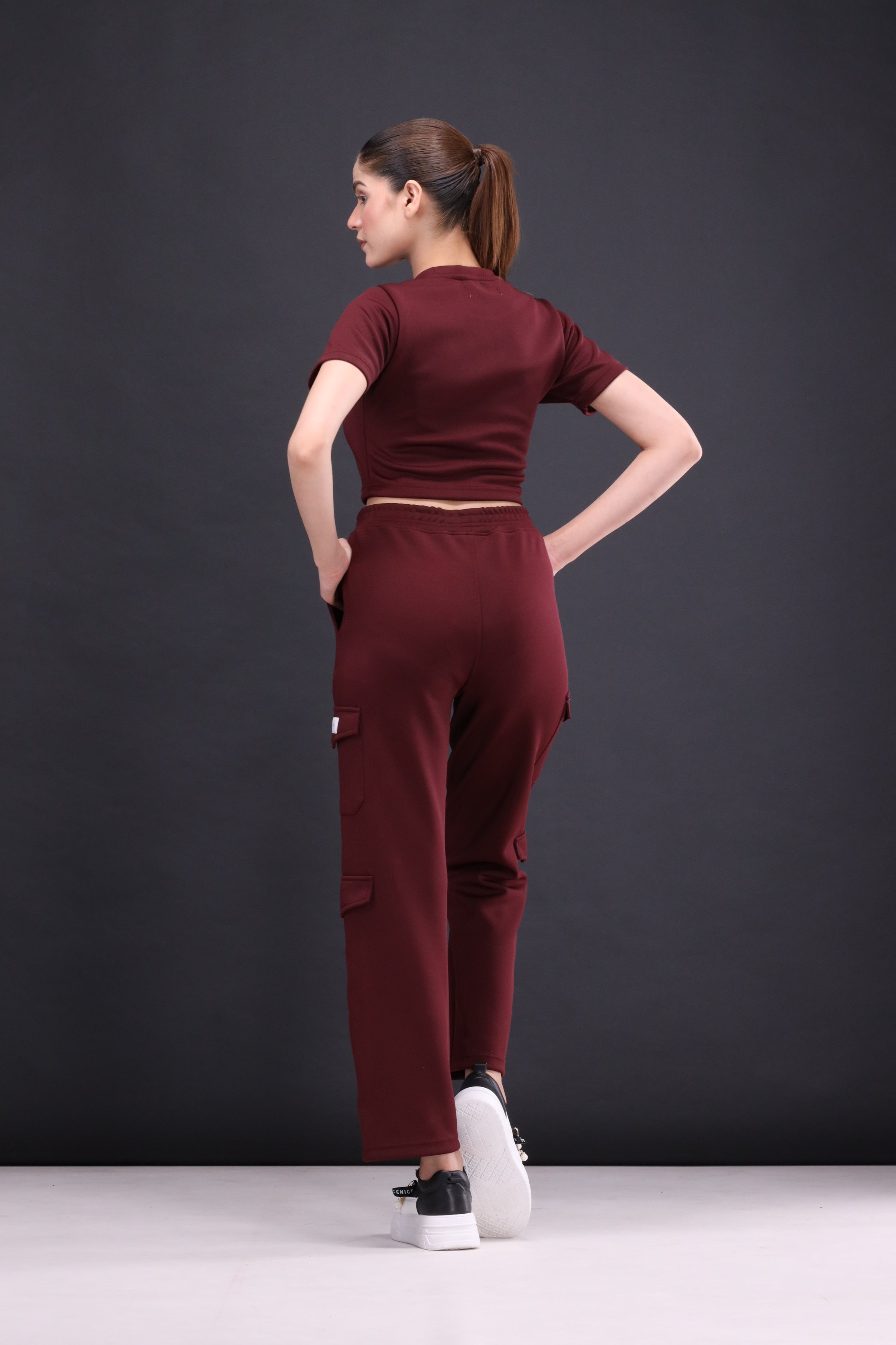 Maroon crop tee and cargo pants