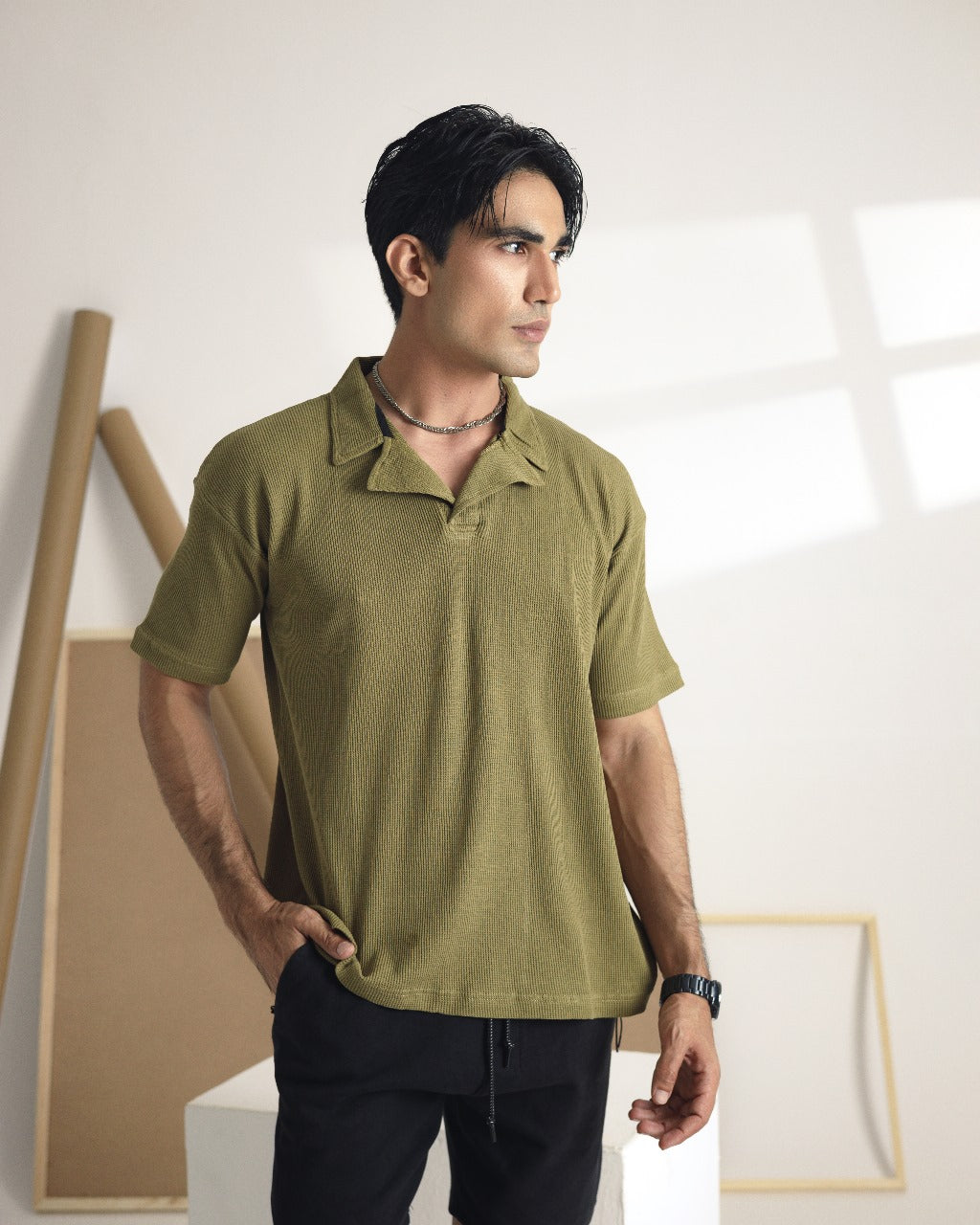 Leafy green Camp Collar polo