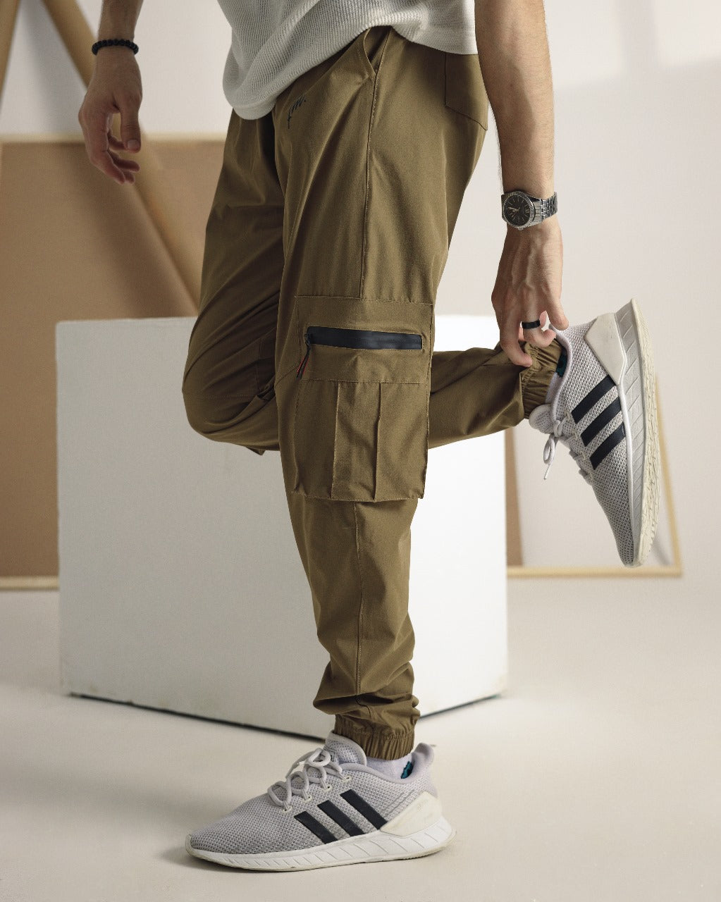 Beige Nylon crushed jogger pant