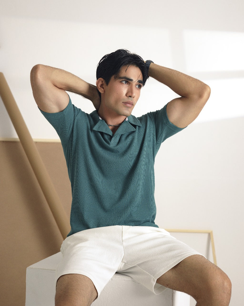 Sea green camp collar polo shirt