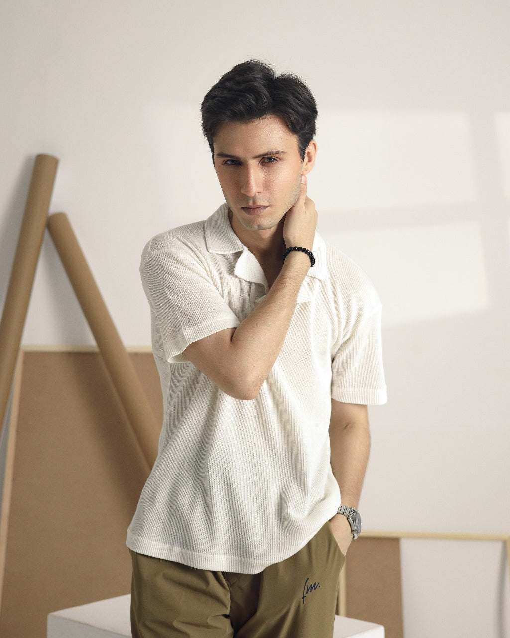 White camp collar  polo shirt